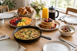 Маса за домашен брънч с фритата, палачинки, плодове, кроасани и кафе